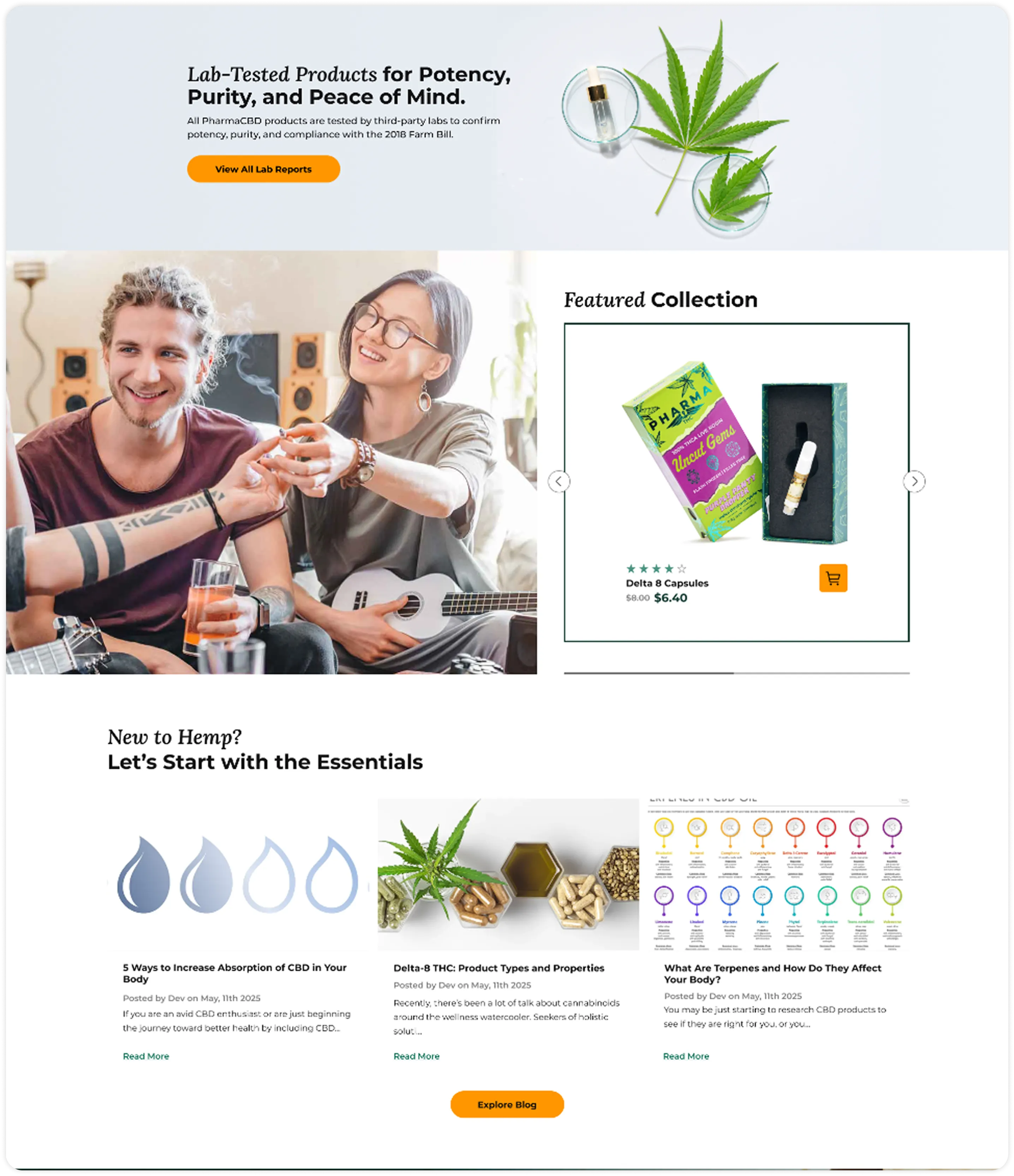 Pharma CBD new home page design, featuring the &ldquo;Lab-Tested Products for Potency, Purity, and Peace of Mind&rdquo; banner, featured collection, and blog section.
