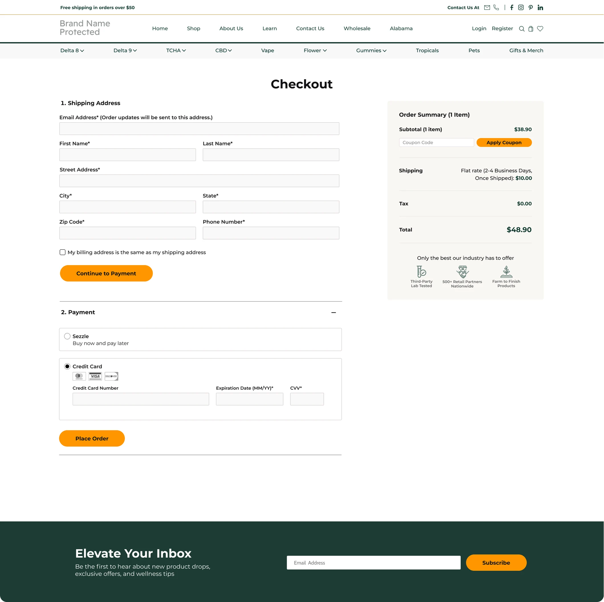 Payment step of the Pharma CBD checkout funnel, with the accordion expanded showing payment options and the Place Order button.