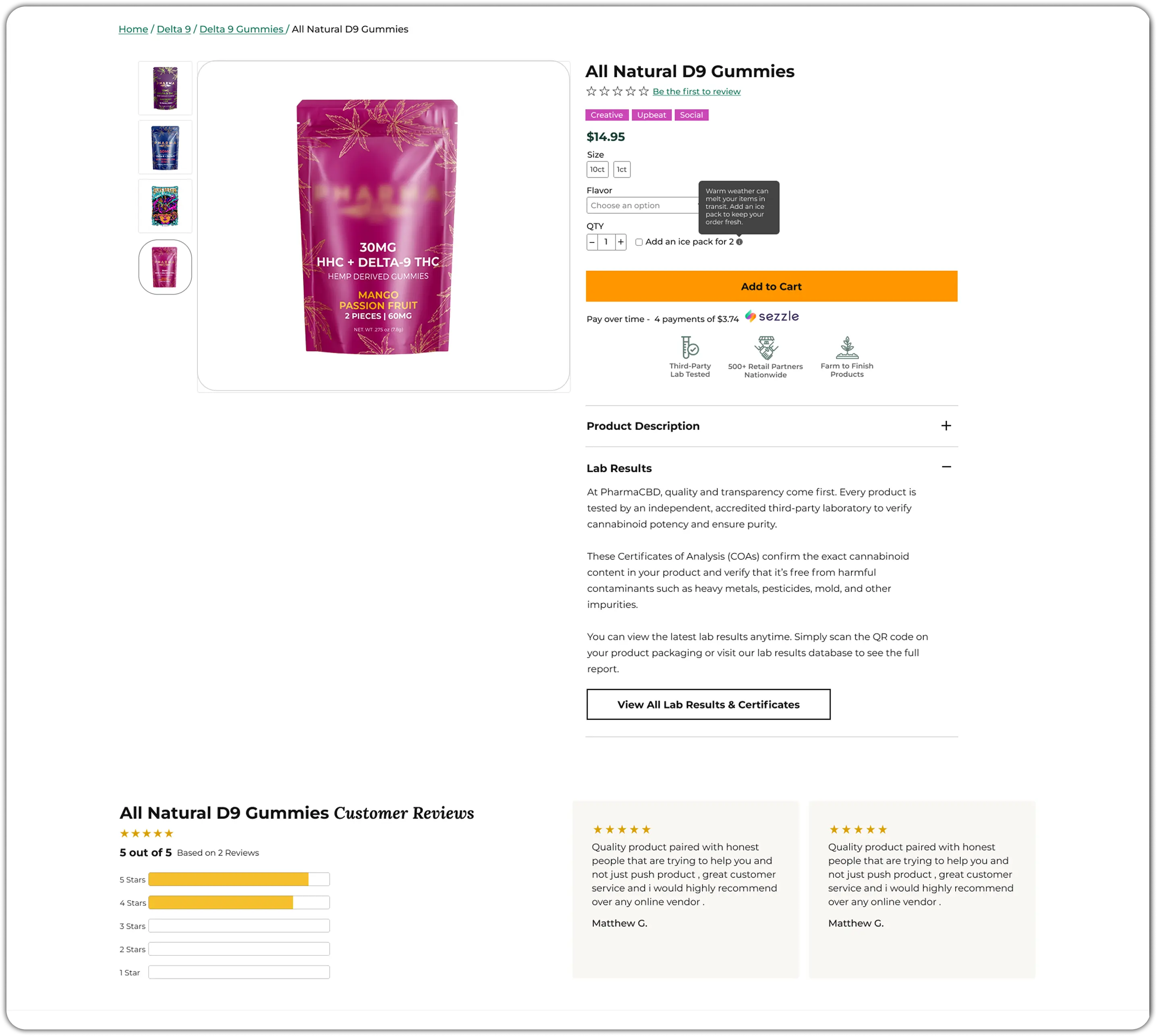 Pharma CBD product detail page, showing product photography, reviews, and the Lab Results section.