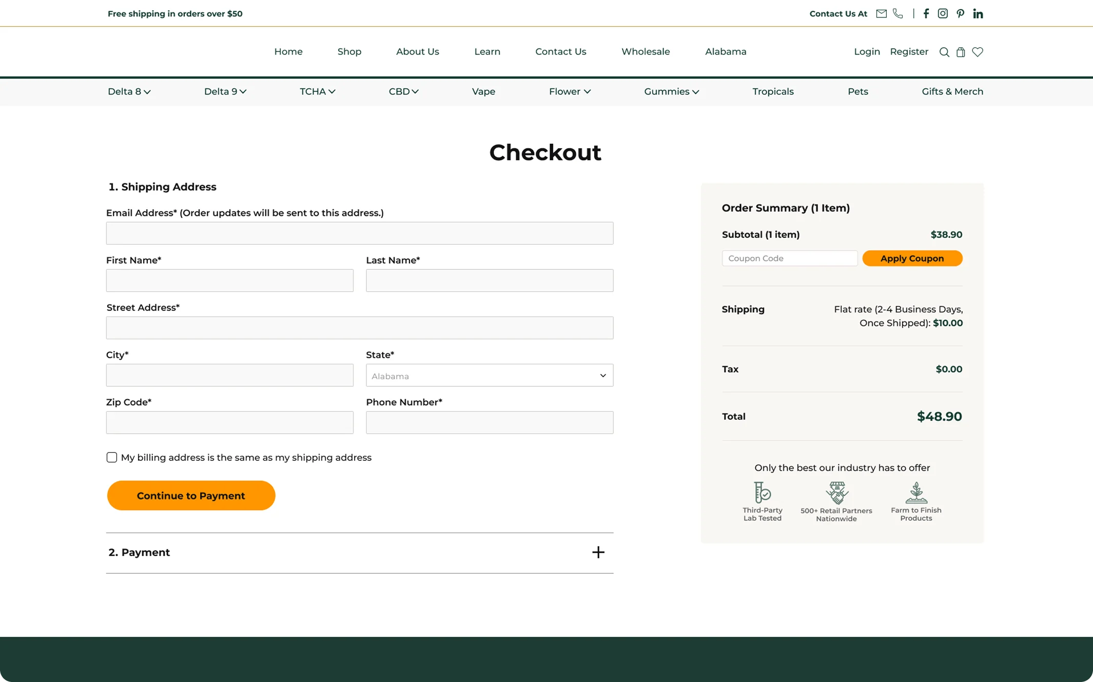 Shipping address step of the Pharma CBD checkout funnel, with the order summary card.