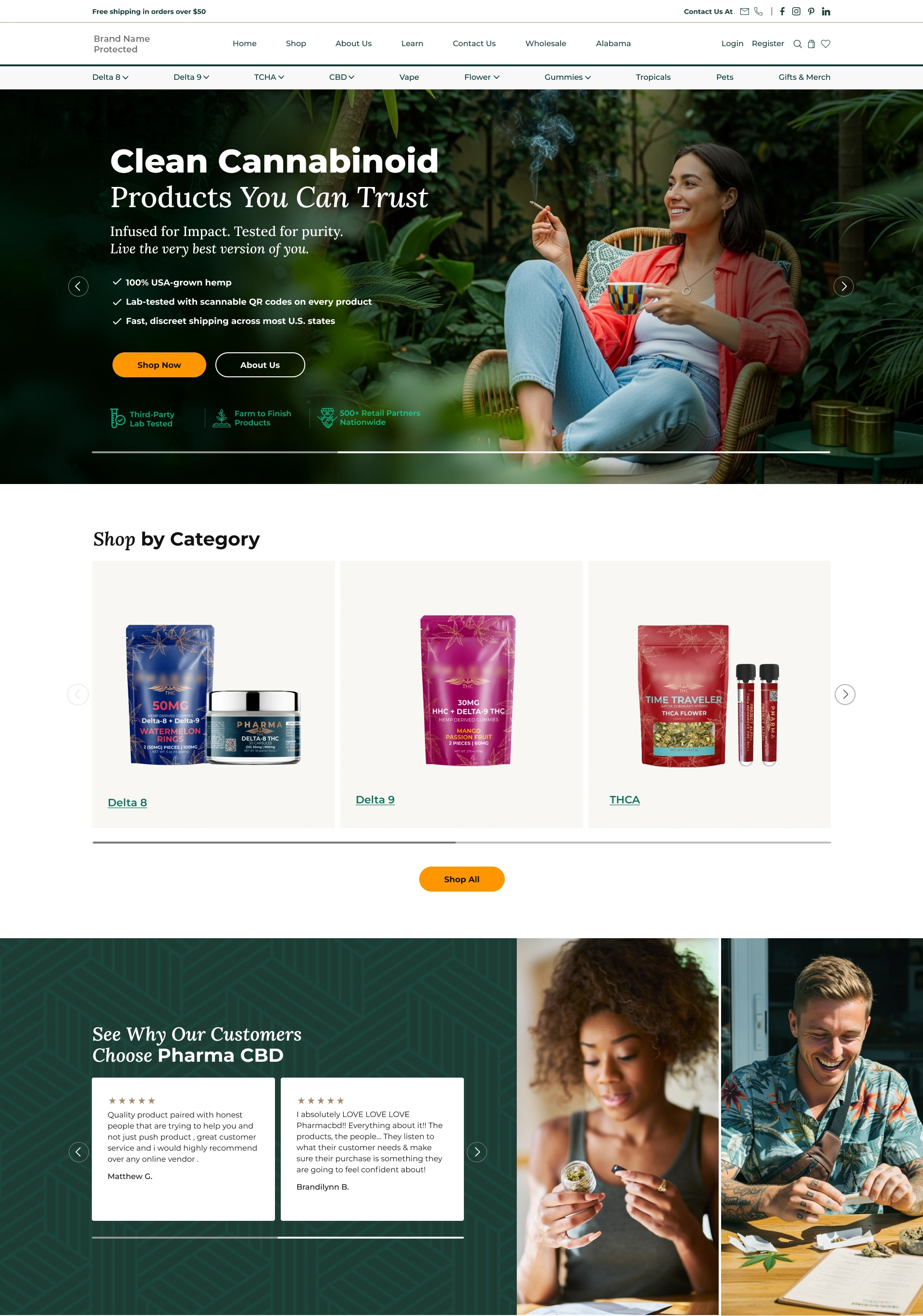 New Pharma CBD home page design, featuring the hero banner, shop by category, and customer testimonials.