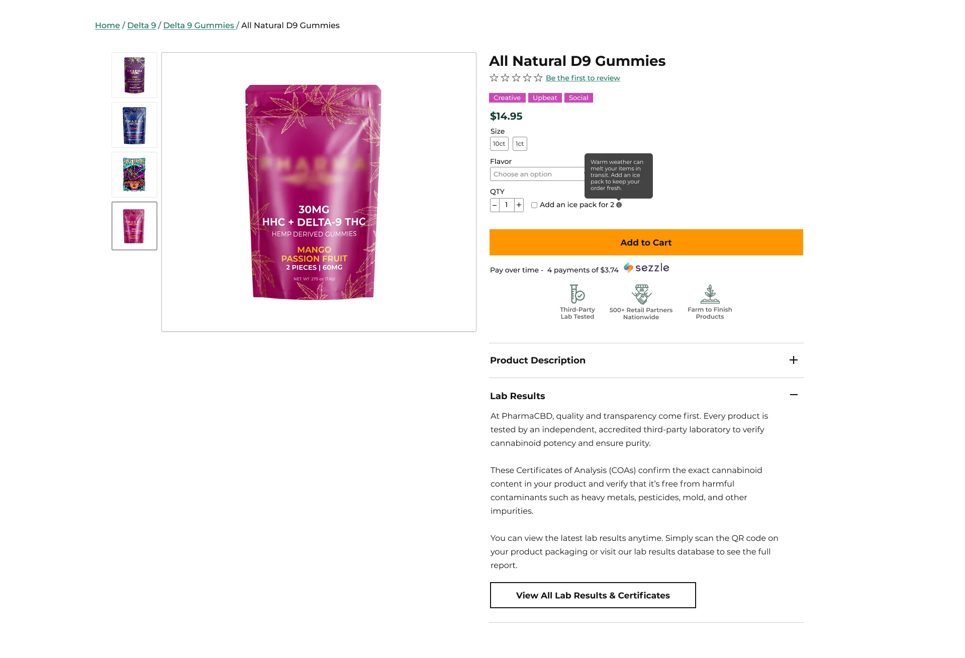 Pharma CBD product detail page, showing product photography, reviews, and the Lab Results section.