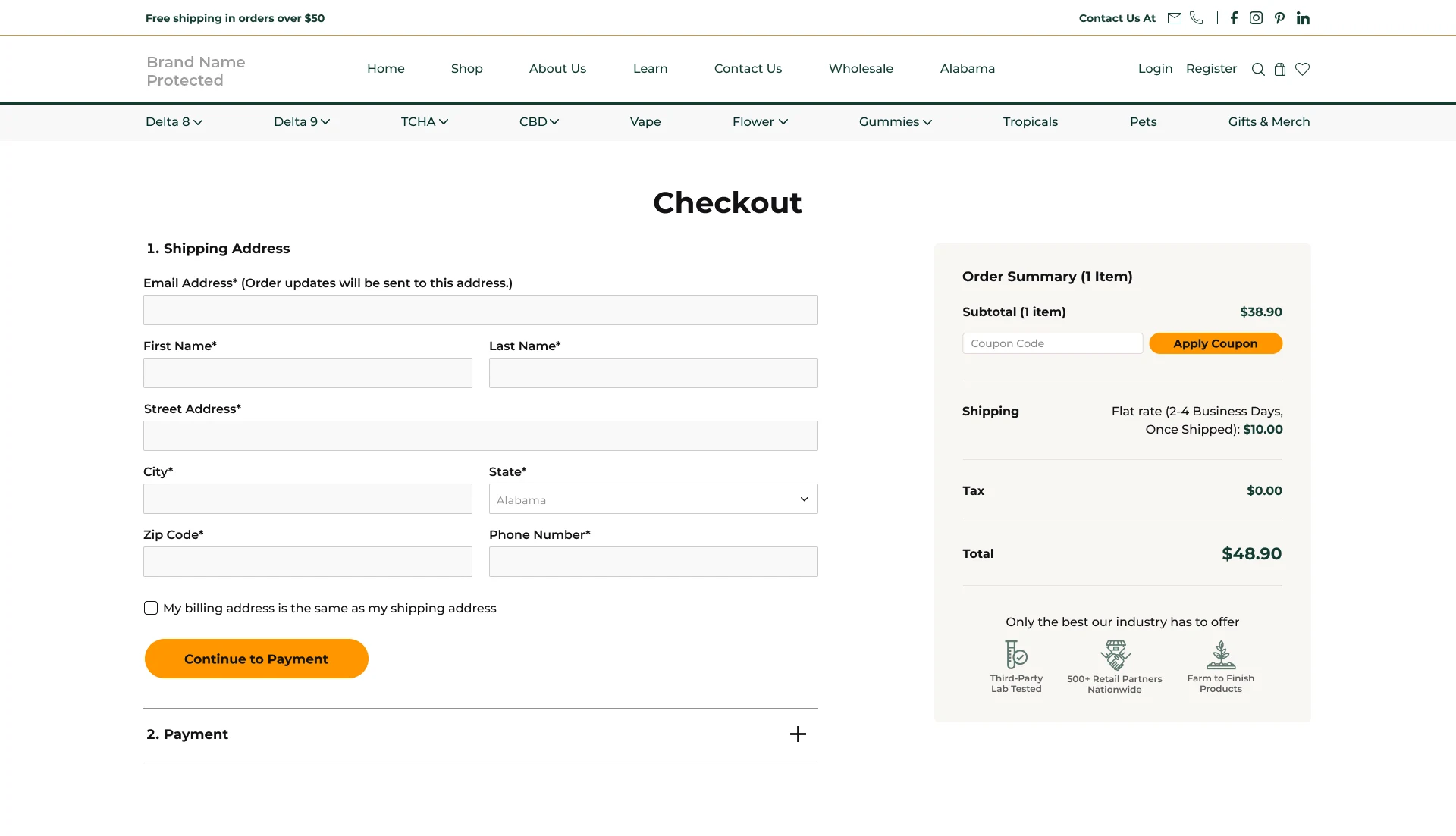 Shipping address step of the Pharma CBD checkout funnel, with the order summary card.