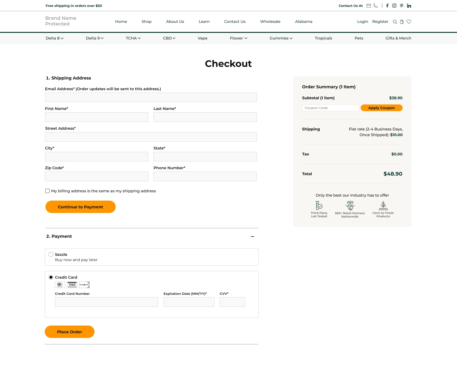 Payment step of the Pharma CBD checkout funnel, with the accordion expanded showing Sezzle and Credit Card options, and the order summary with trust badges.