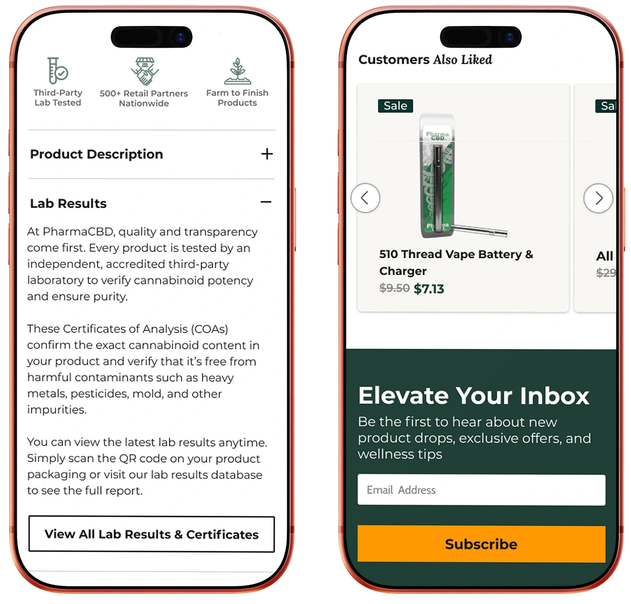 Mobile view of the Pharma CBD product detail page, shown on two phone mockups.