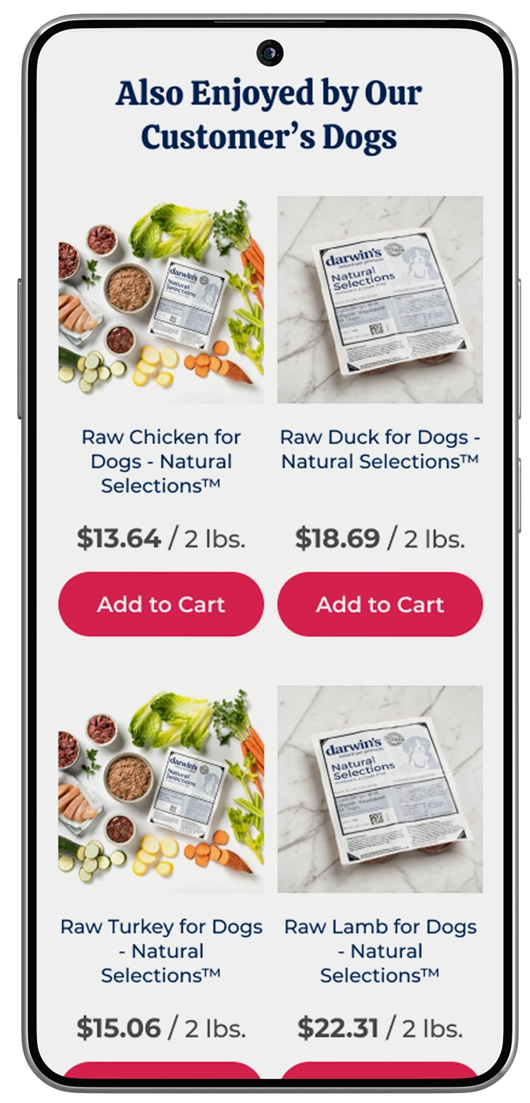 Mobile product recommendations screen, 'Also enjoyed by our customer's dogs'.