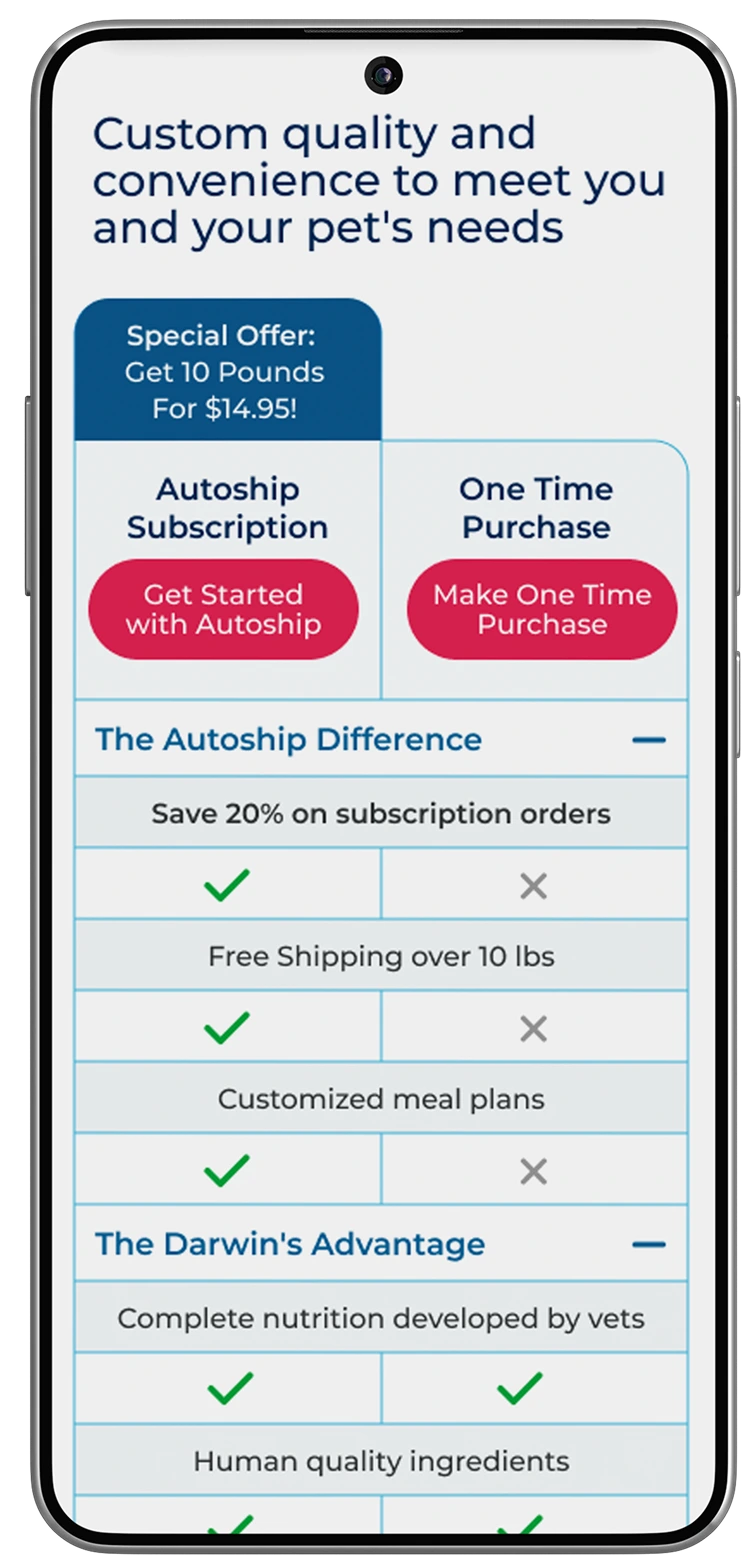 Mobile subscription comparison screen, Autoship vs. one-time purchase.