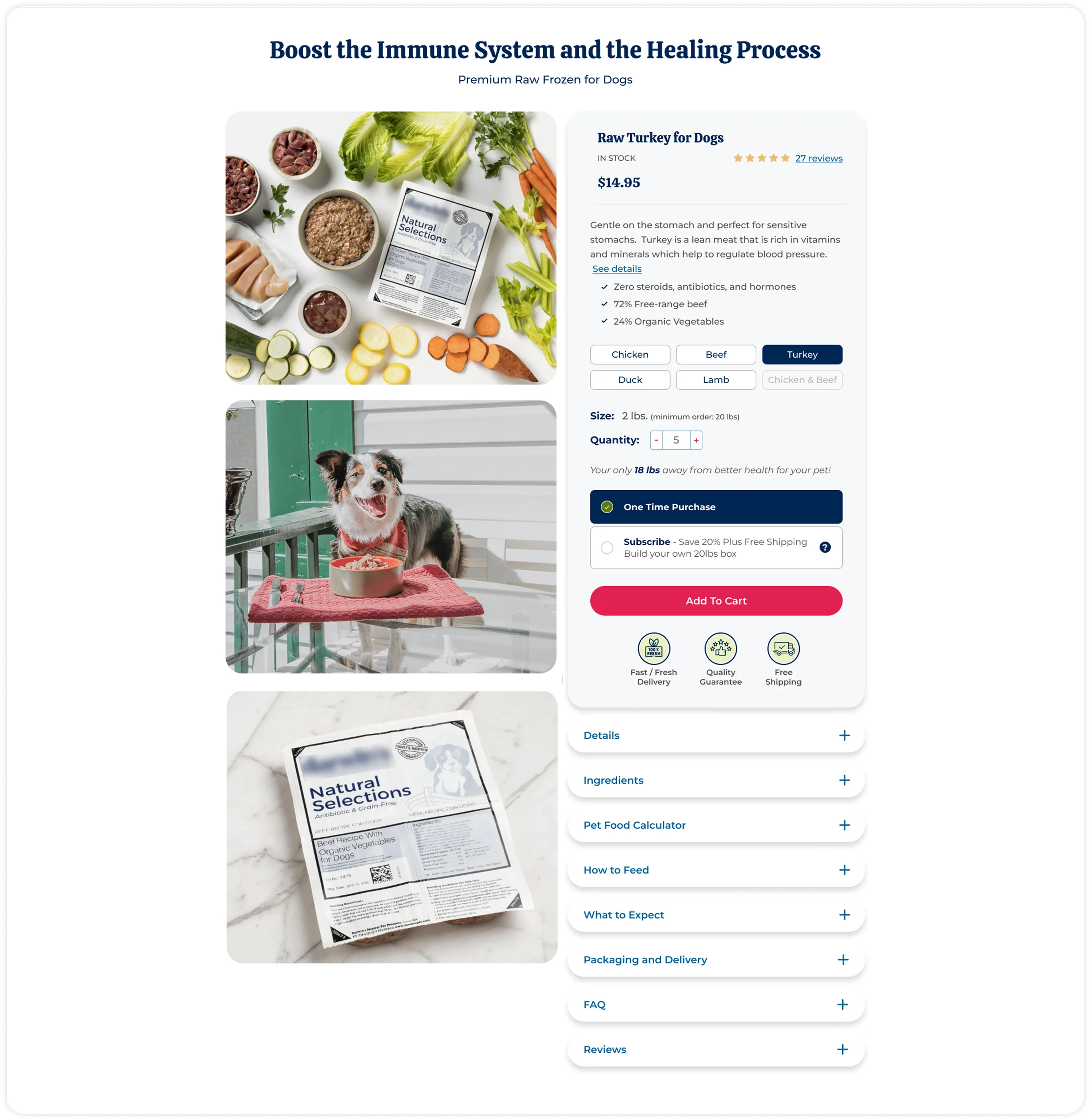 Darwin's Pet product detail page, showing the product image, flavor selector, Add to Cart button, and accordion sections for details, ingredients, and feeding guidance.
