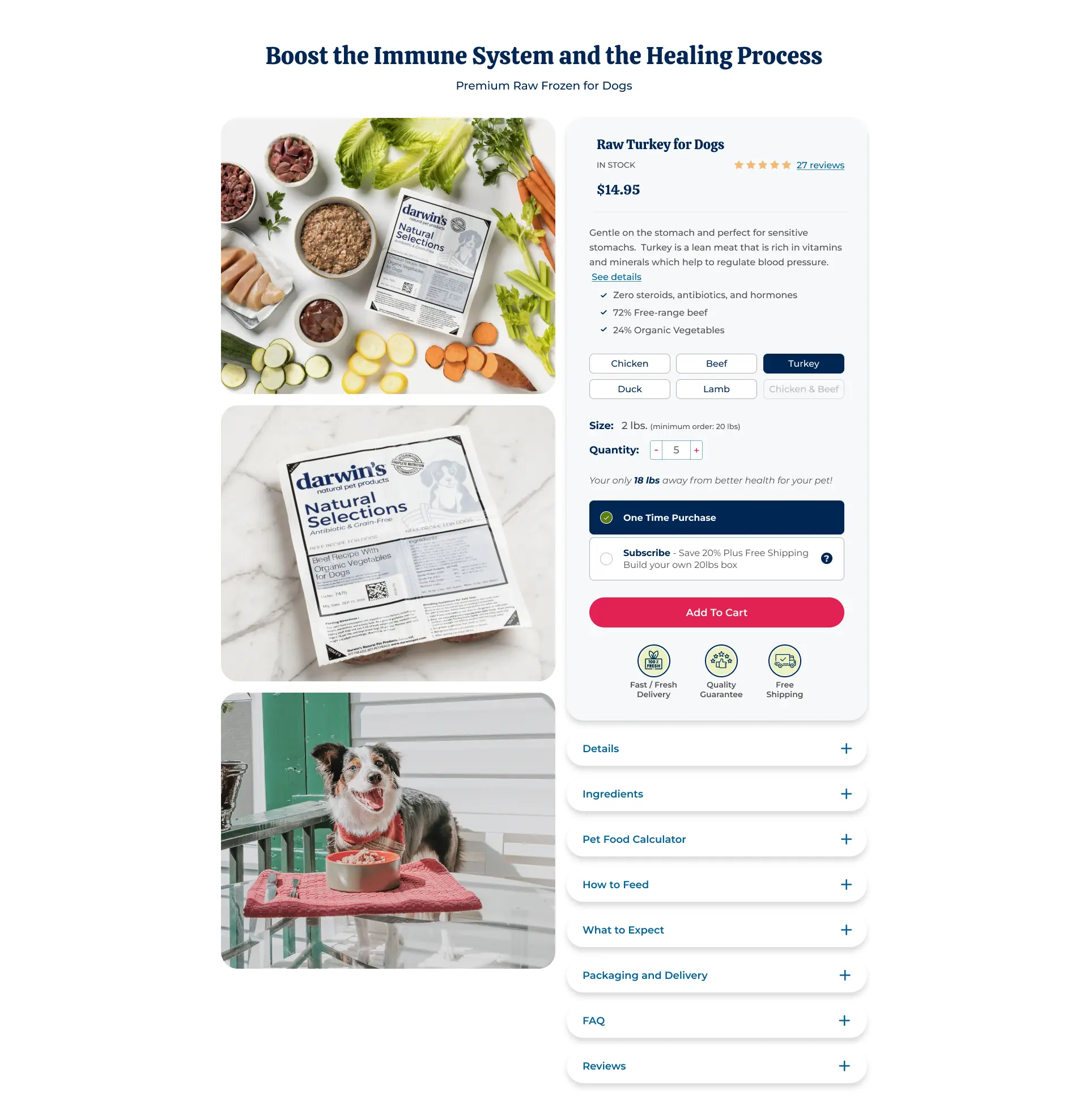 Product detail page for Darwin's Pet raw dog food, showing product photography and the flavor/quantity selector.