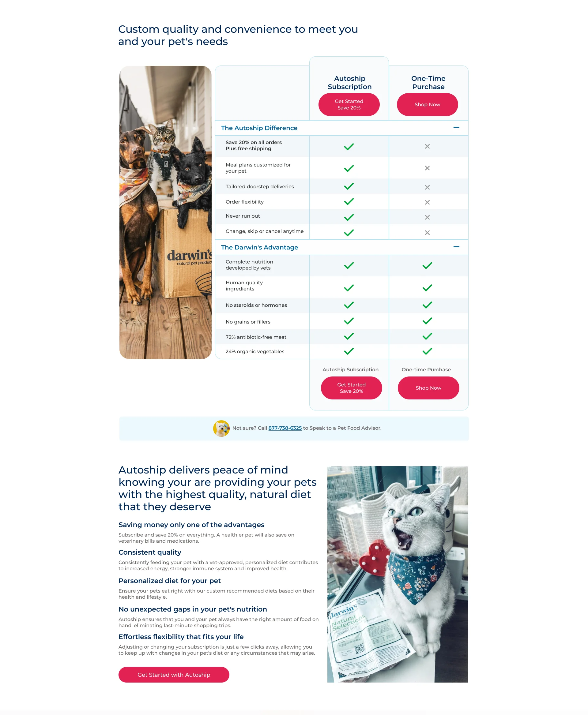 Subscription comparison page for Darwin's Pet, with the Autoship Subscription vs. One-Time Purchase benefits table.