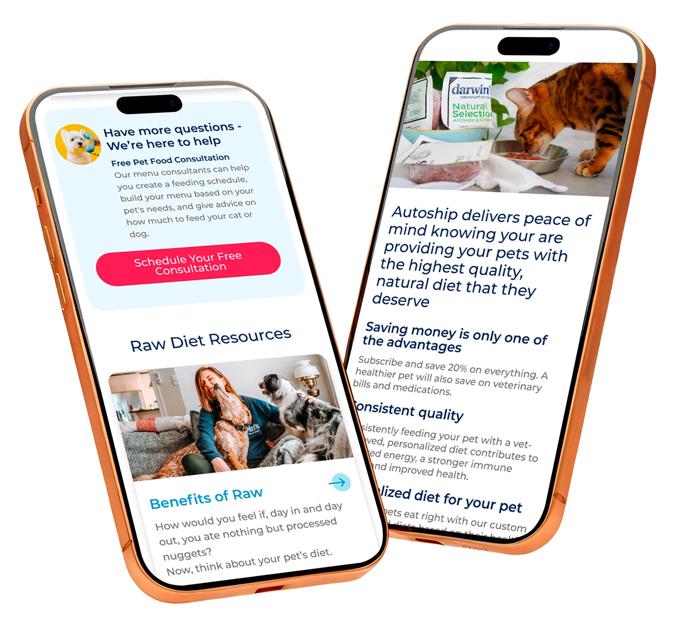 Mobile view of the subscription comparison page for Darwin's Pet, shown on two phone mockups.
