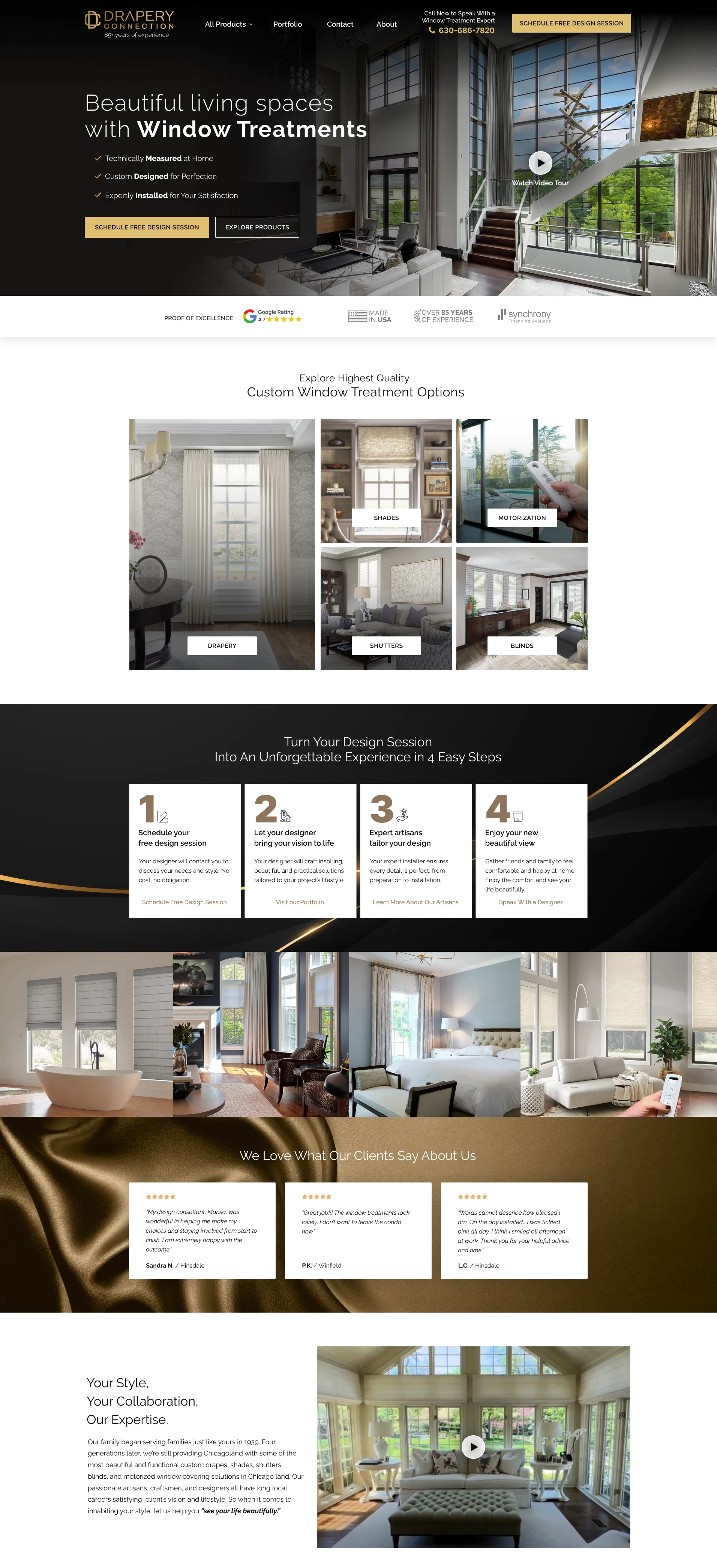 Drapery Connection home page: hero banner, custom window treatment categories, the 4-step design process, project gallery, and customer testimonials.