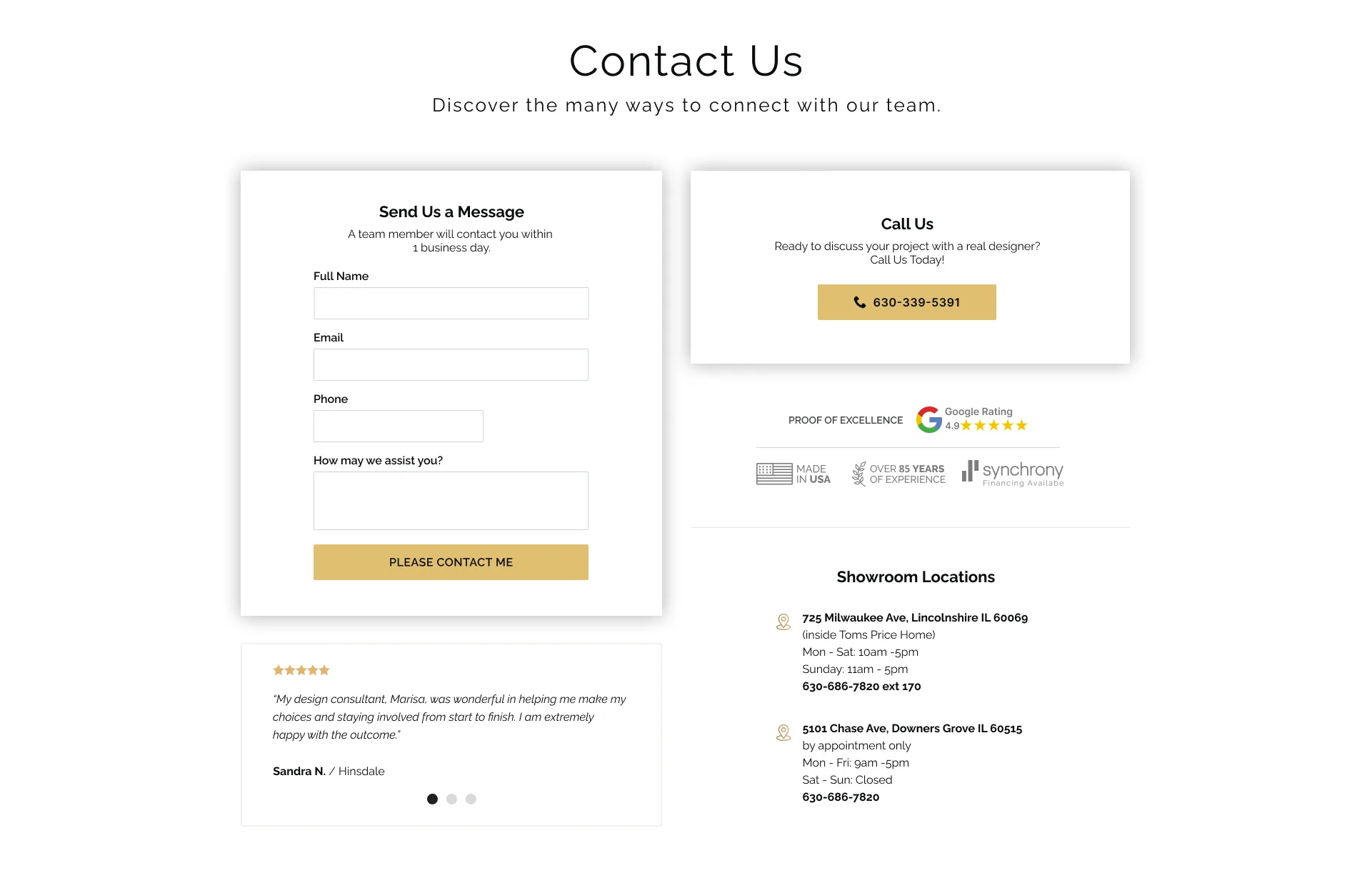 Drapery Connection contact us page, with the message form, call options, and showroom locations.