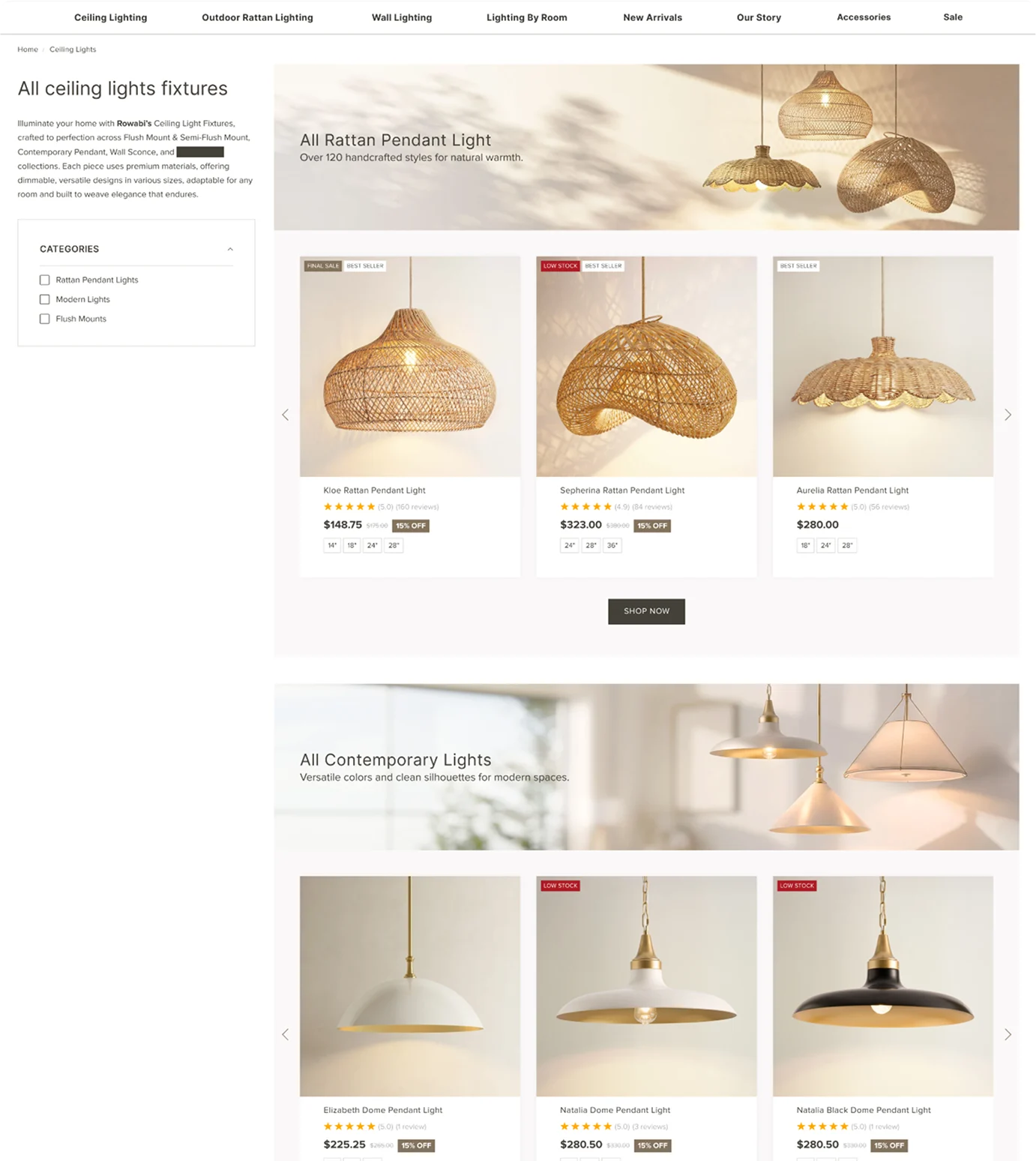 Rowabi ceiling lights collection page split into labeled sections with explanatory banners, and product cards showing rating, strikethrough price and available sizes.