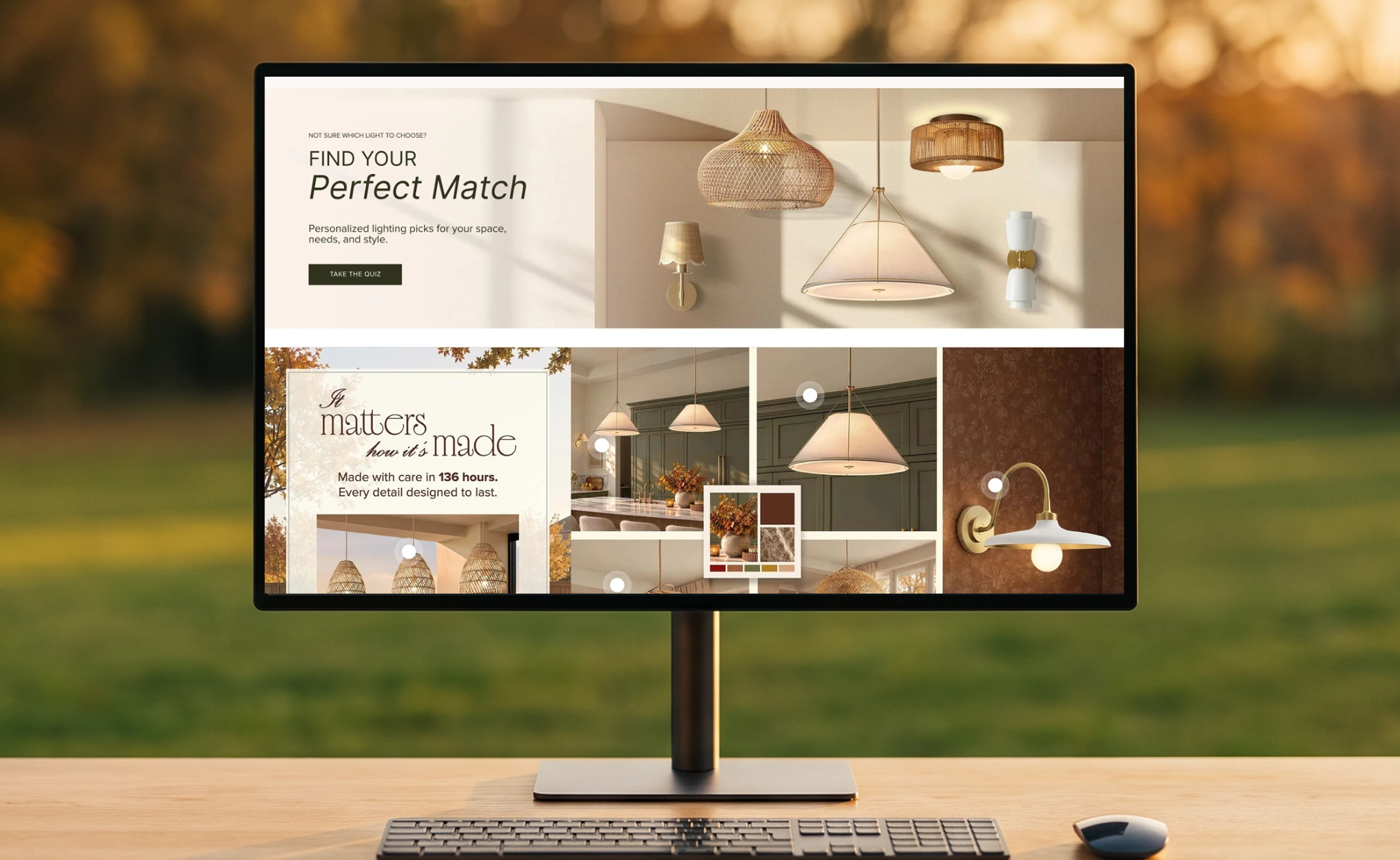 Rowabi home page shown on a desktop monitor, with the &ldquo;Find your Perfect Match&rdquo; lighting quiz banner and handcrafted rattan pendant lights.