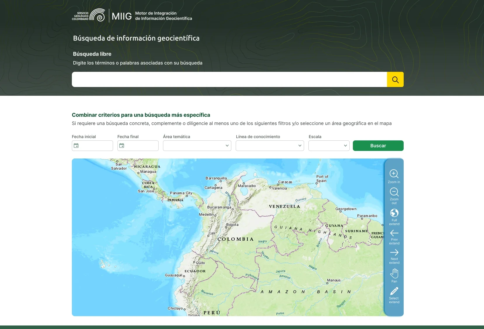 Geoscientific information search home: free text search bar, combined filters for dates, thematic area, knowledge line and scale, and an interactive map of Colombia with labeled map tools.
