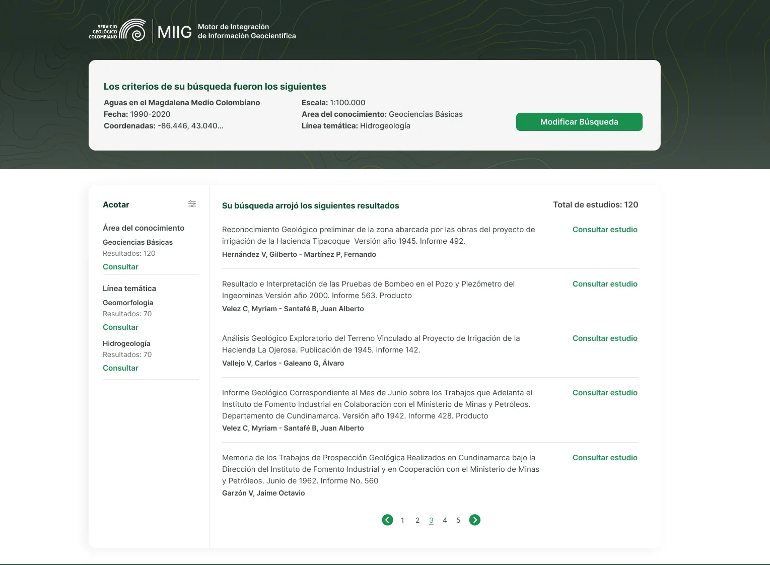 Search results page: summary card with the applied search criteria and a Modificar Búsqueda button, a refine sidebar with result counts per facet, and a list of studies with full title, authors and report number.
