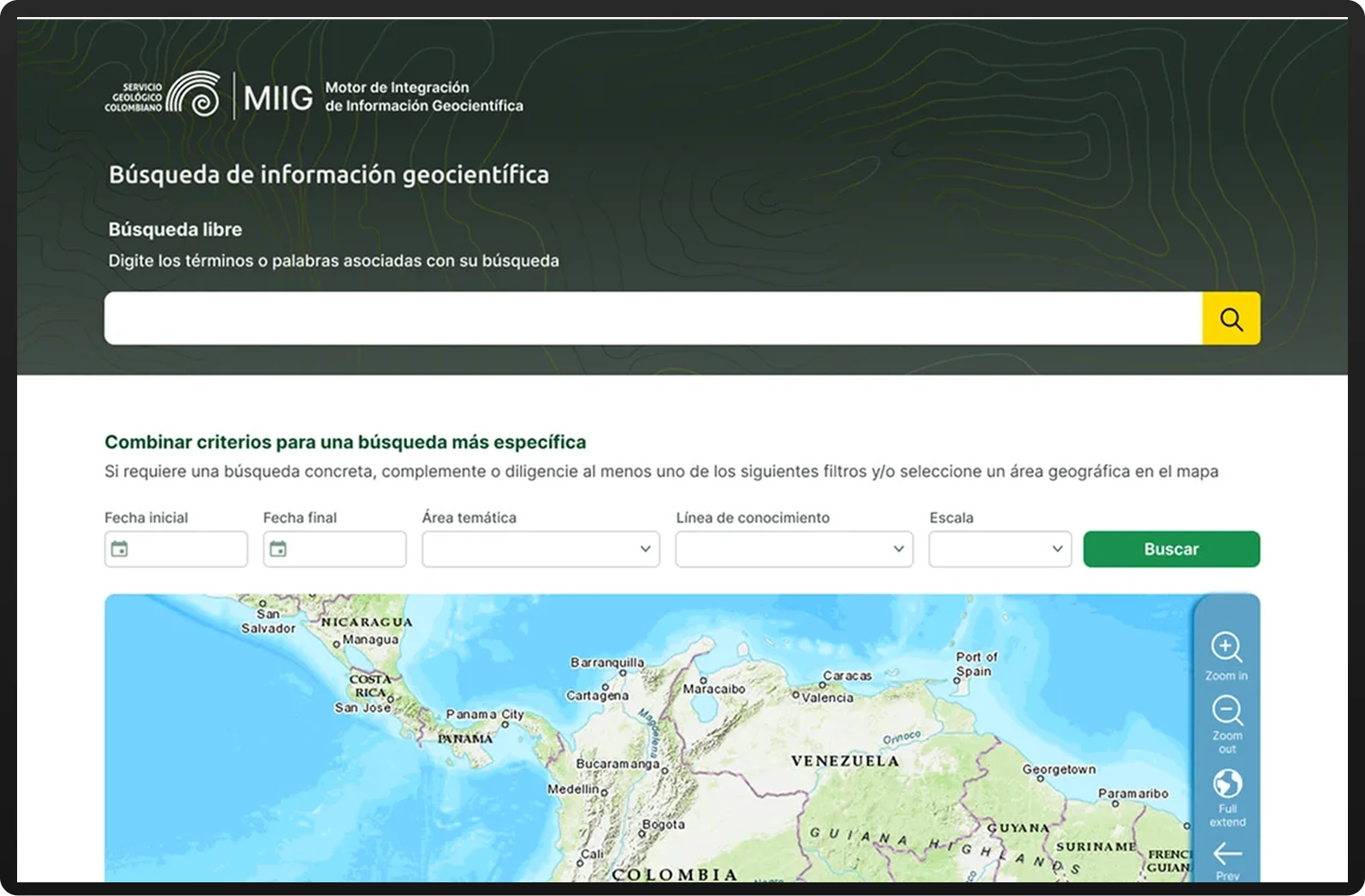 Preview of the Servicio Geológico Colombiano geoscientific information search platform
