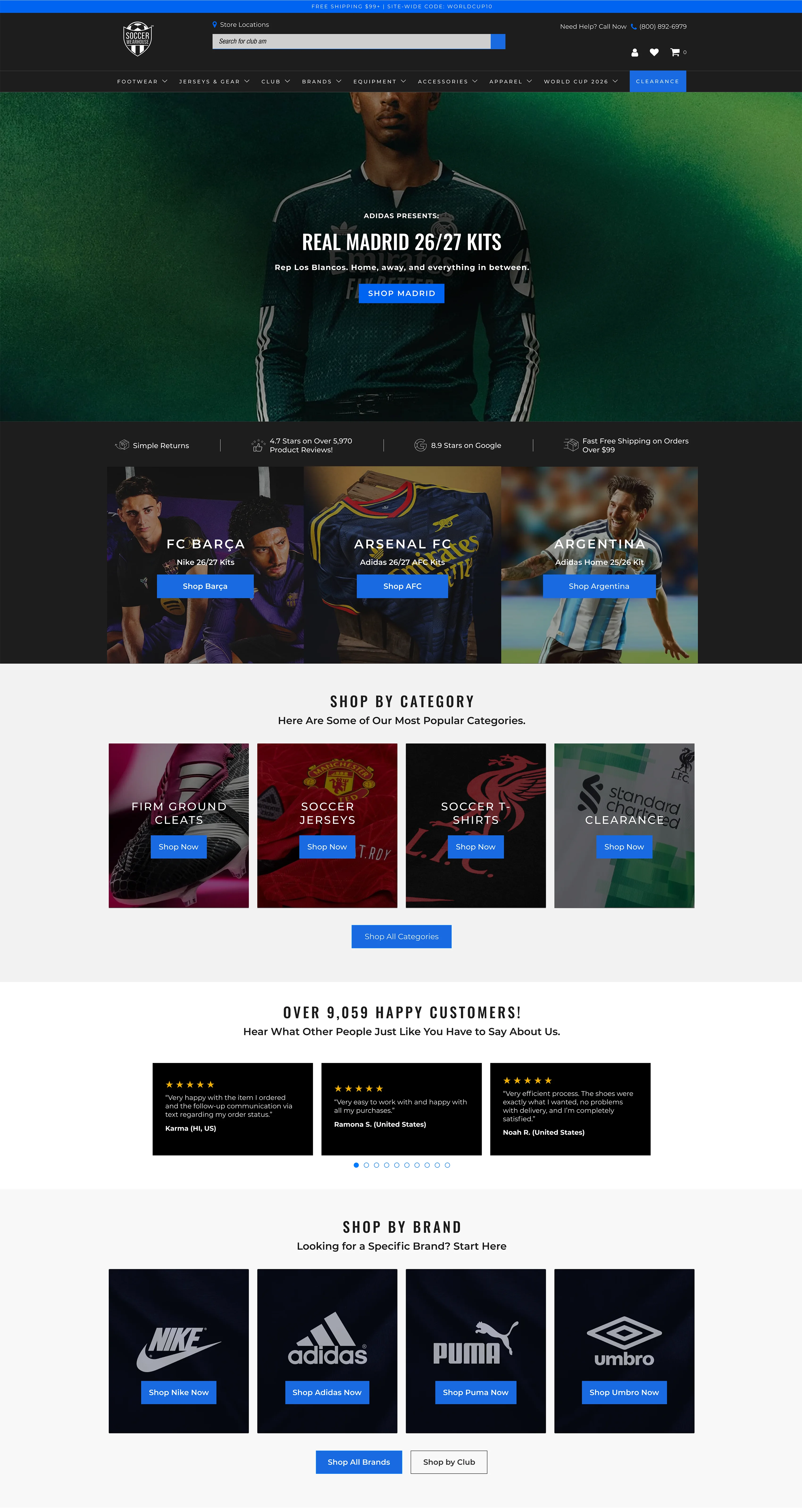 Soccer Warehouse home page: hero banner, quick-shop by club, shop by category, and customer testimonials.