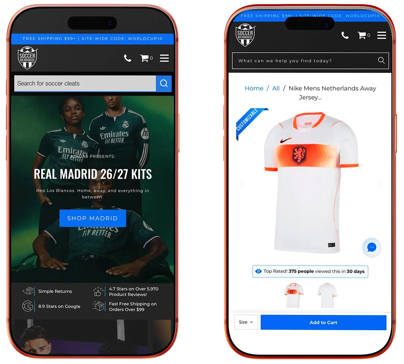 Mobile view of the Soccer Warehouse home page and product detail page, shown on two phone mockups.