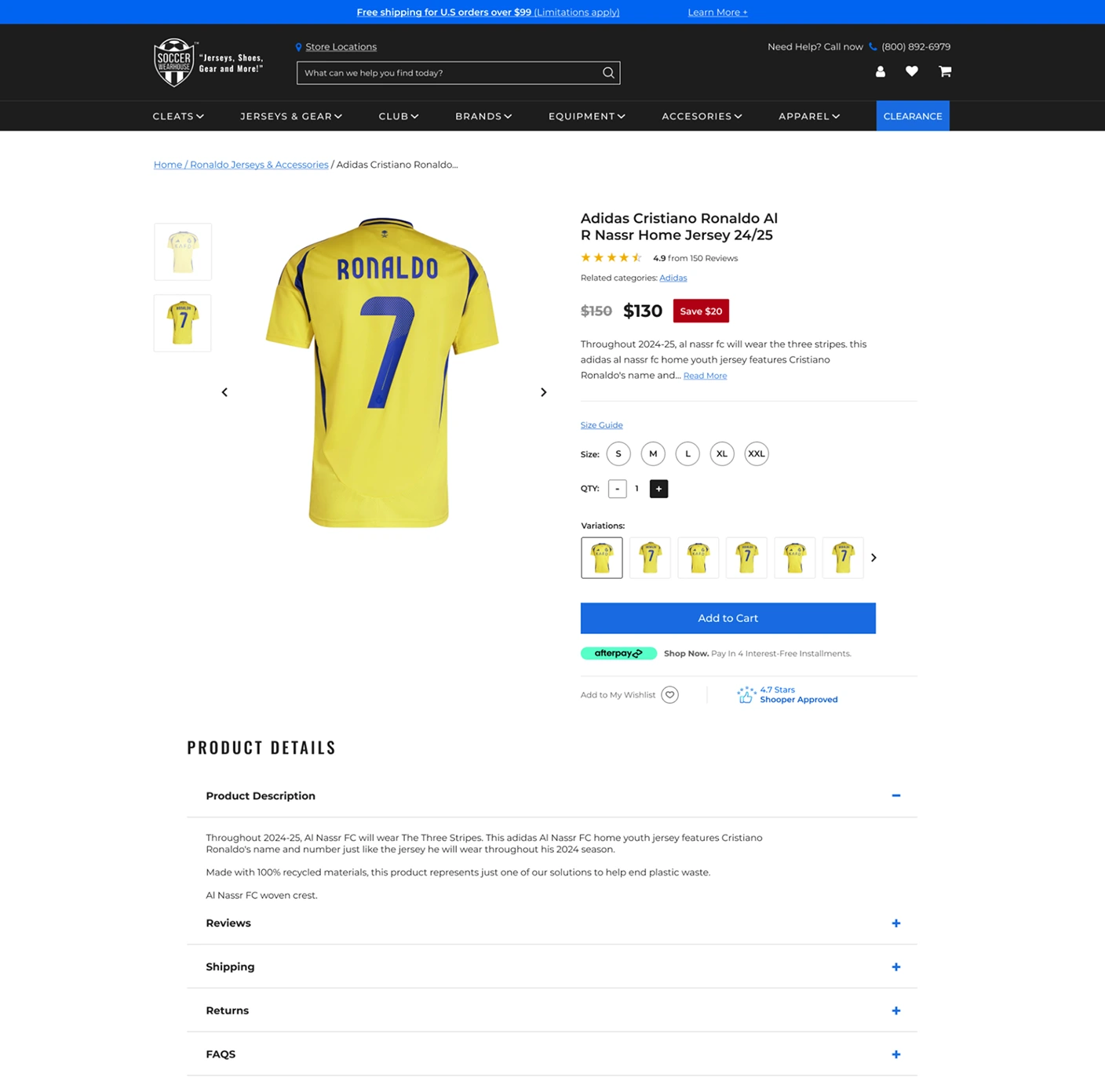 Soccer Wearhouse product detail page for the Adidas Cristiano Ronaldo Al Nassr home jersey, showing reviews, strikethrough pricing, Afterpay, and the Shopper Approved badge.