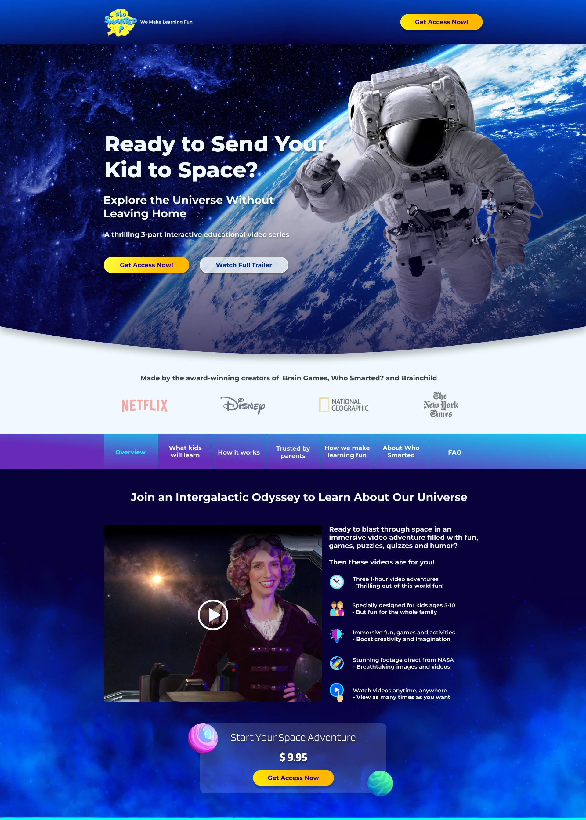 Hero of the Space Camp landing page: 'Ready to Send Your Kid to Space?' with astronaut, trusted brand logos, and intro video.