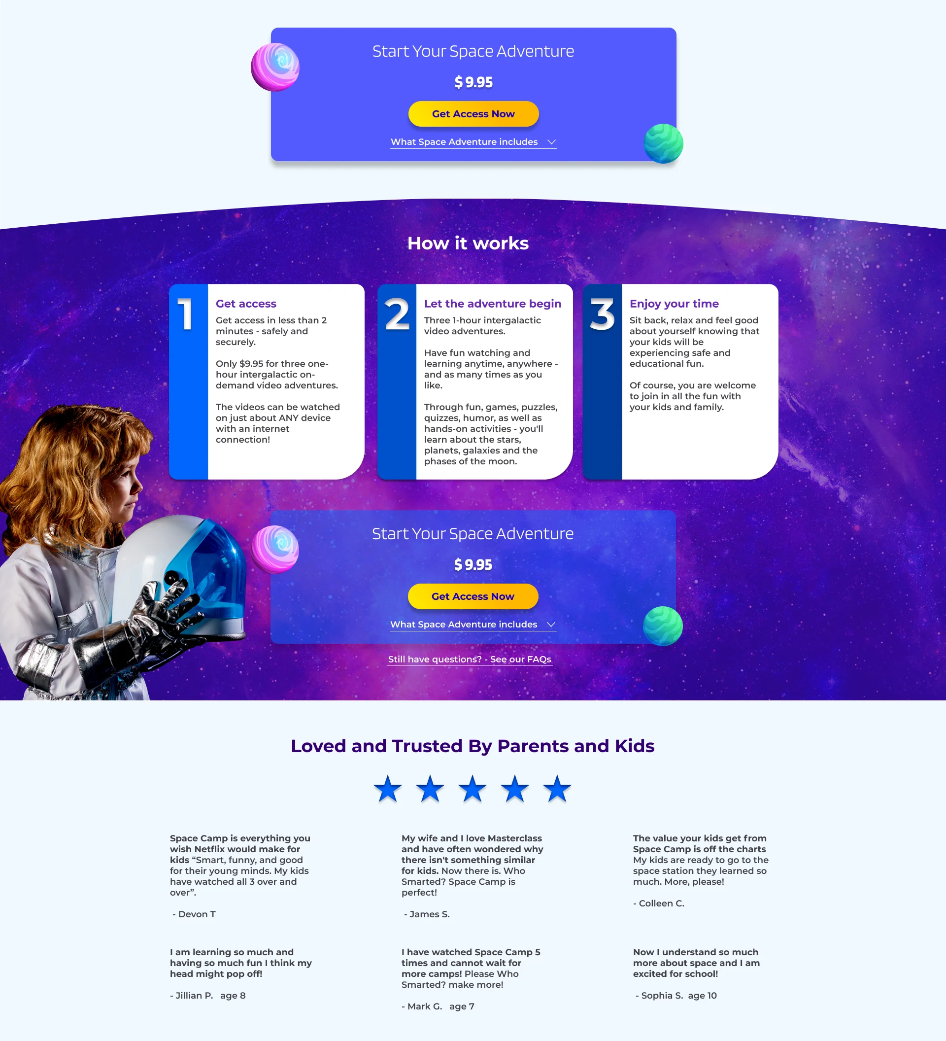 'How it works' section of the Space Camp landing page, with the 3-step process and parent testimonials.
