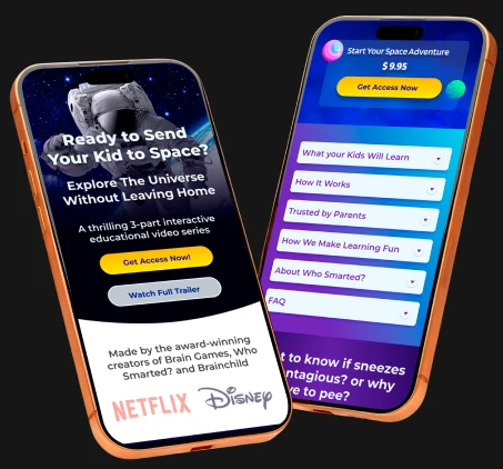Mobile view of the Space Camp landing page, hero and accordion navigation menu.
